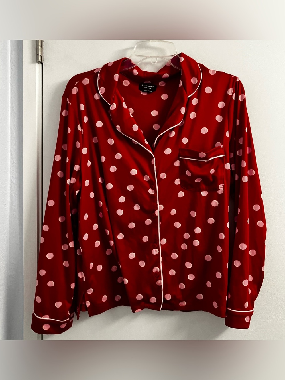 Kate Spade New York Pajama Top Only Size L Red Pink Polka Dot Long Sleeve Button